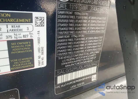 2020 Land Rover Range Rover Hse z USA, uszkodzony, nr VIN SALGS2RU0LA592842